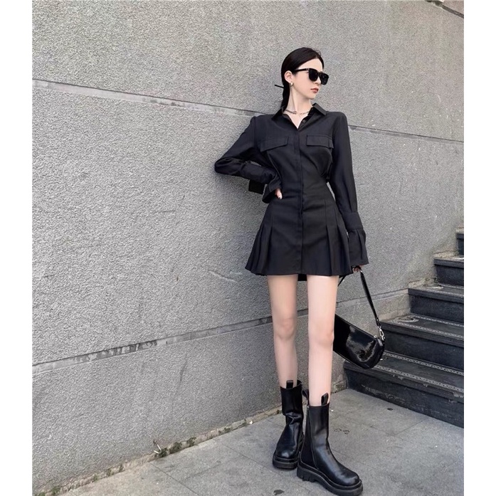 Váy đầm cổ sơ mi dáng xoè chữ A xếp ly tay dài cá tính đi chơi đi làm du lịch