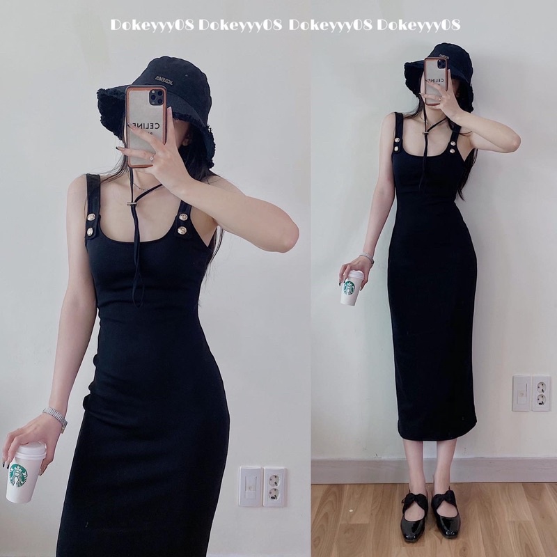 Set váy body khuy vai dáng dài co giãn