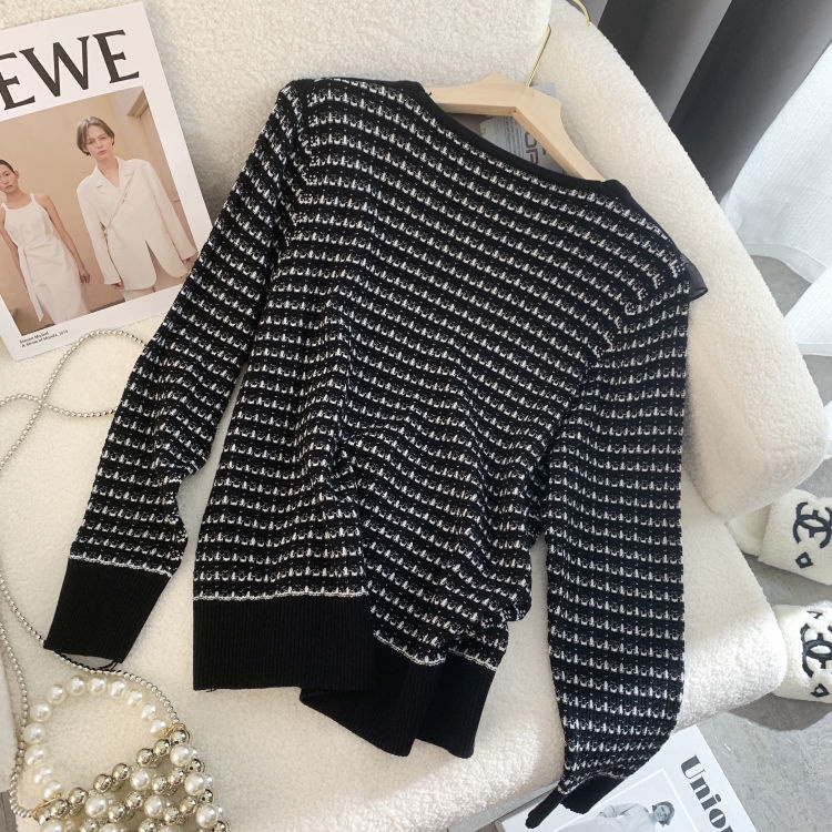 Áo Khoác Cardigan Dệt Kim Cổ Búp Bê Họa Tiết Sọc Caro Thiết Kế Mới Thời Trang Mù