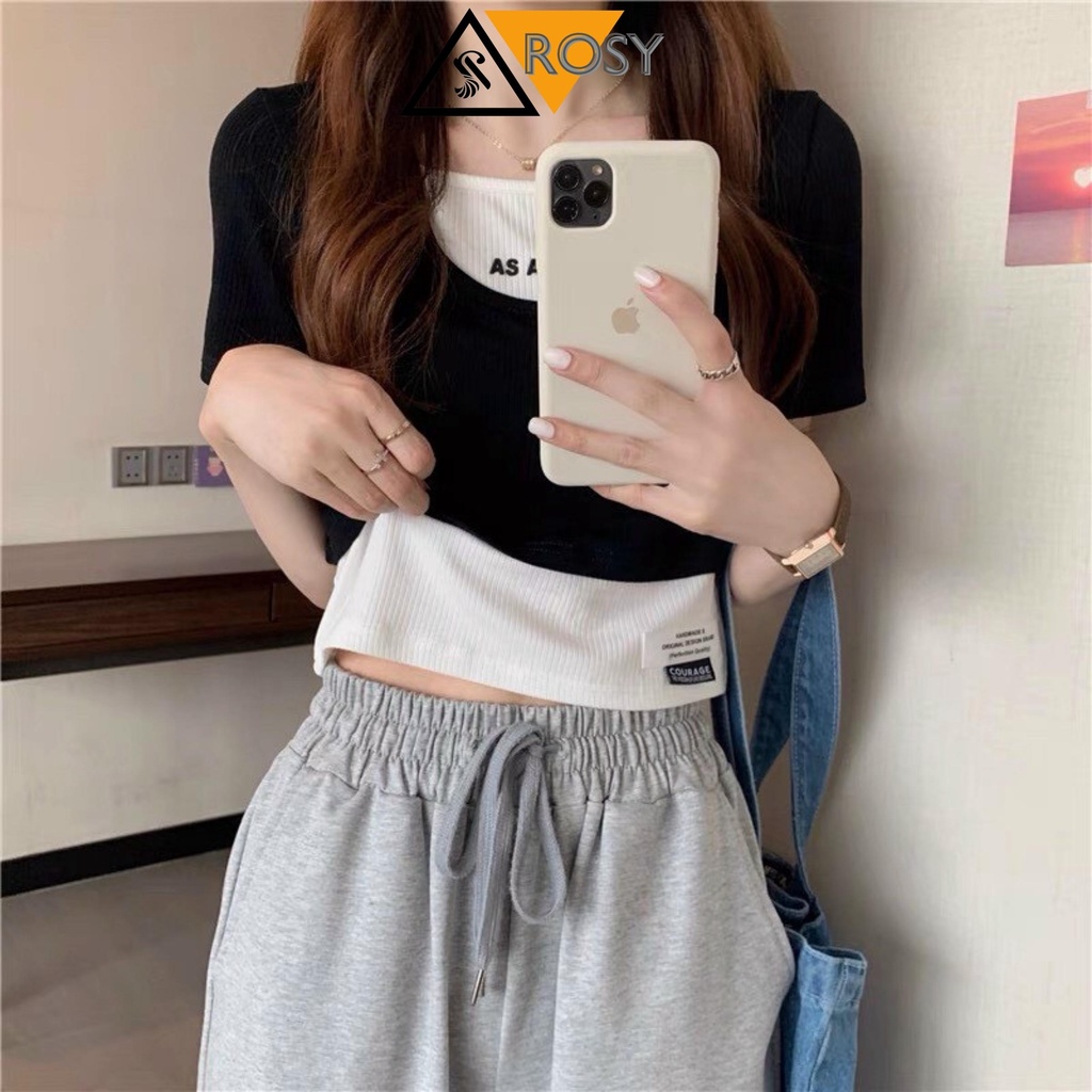 Áo croptop phối kiểu trơn cổ tròn free size dưới 55kg vừa