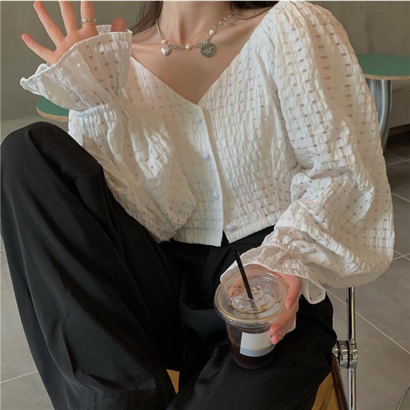 Áo kiểu tay dài cổ V thời trang xinh xắn cho nữ