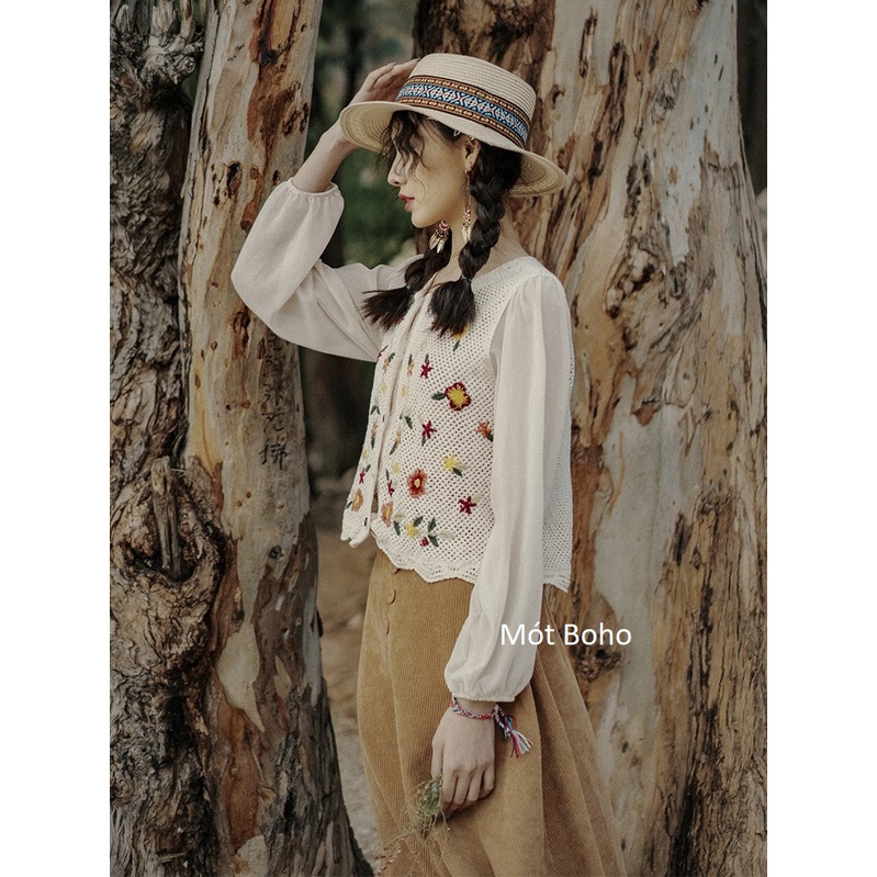 Áo móc len kem thêu hoa màu sắc MÓT BOHO