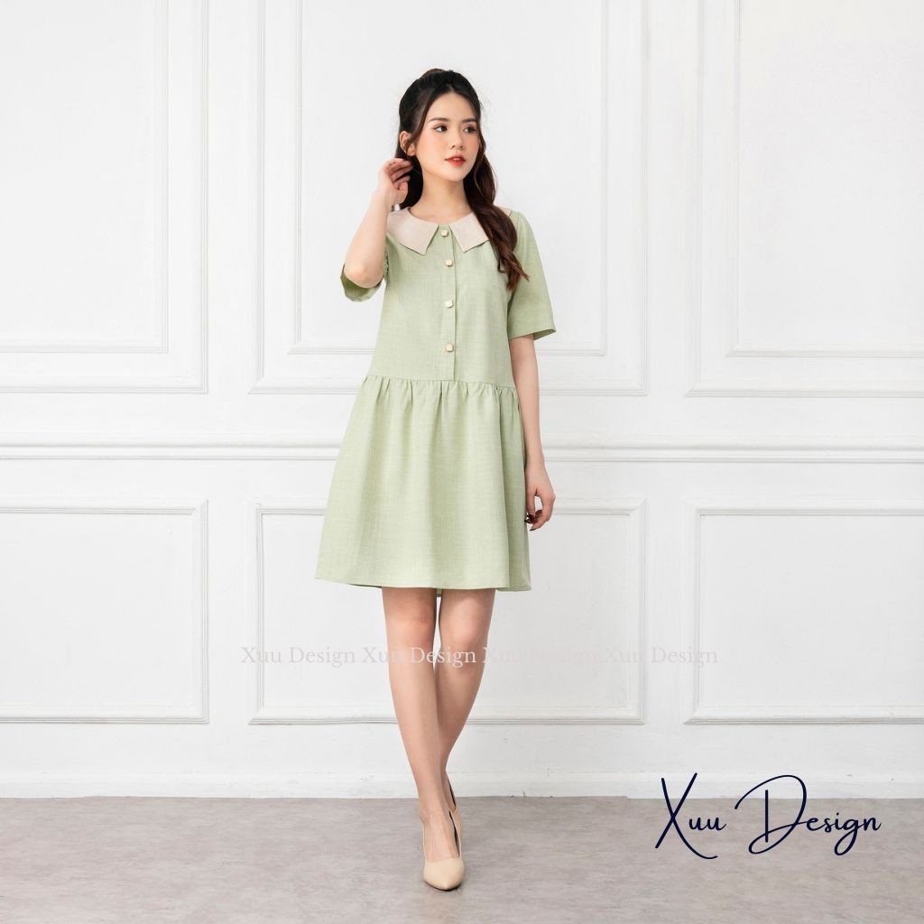 Váy babydoll tay ngắn cổ tròn, đầm suông dáng xòe nhẹ nhàng tiểu thư - Wexuu Design V05