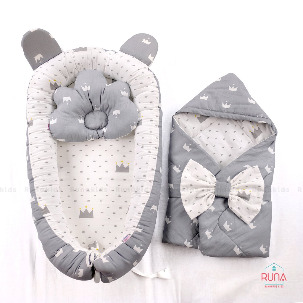 Combo nôi, gối chống bẹt đầu và chăn cho bé sơ sinh RUNA KIDS chất liệu Cotton Hàn 100%, mềm mịn, an toàn cho da bé