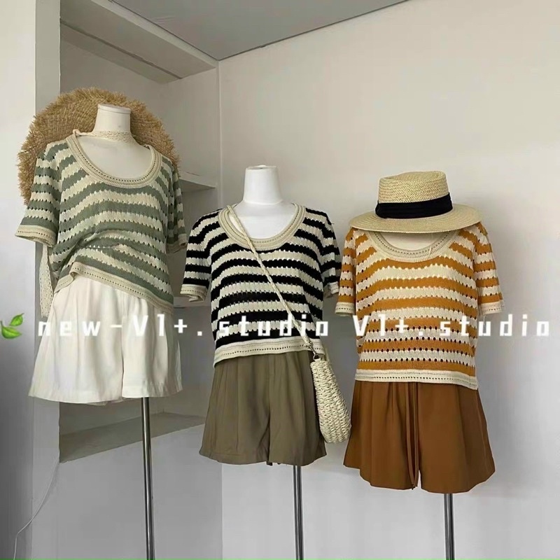 Áo Len Lỗ Ngang Nhiều Màu, Cổ Tròn Tay Cộc