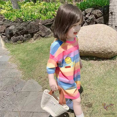 Đầm dáng suông họa tiết sọc cầu vồng thời trang xinh xắn năng động cho bé gái
