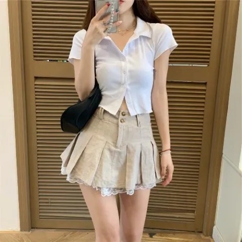 Set áo thun ngắn tay + chân váy xếp ly thời trang nữ