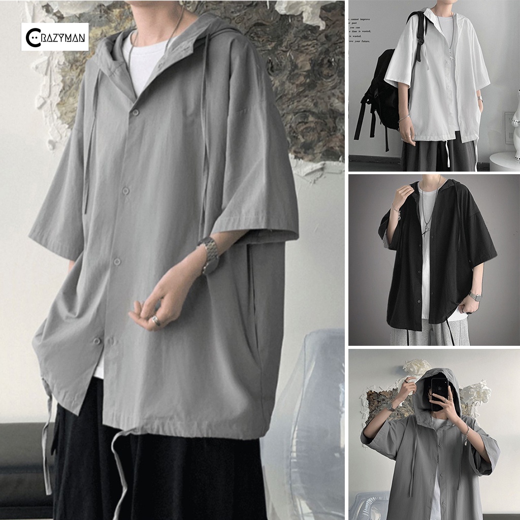 Áo sơ mi nam tay ngắn unisex form rộng phong cách Hàn Quốc , áo sơ mi tay lỡ 3 màu trắng đen ghi có mũ