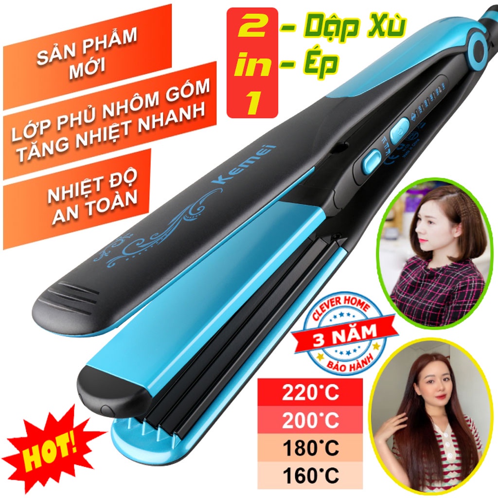 ⚡️ Bảo Hành 3 Năm ⚡️ Máy Làm Tóc 2 in 1 Duỗi Tóc Và Dập Xù Tạo Kiểu Kemei 2209 có 4 mức chỉnh nhiệt