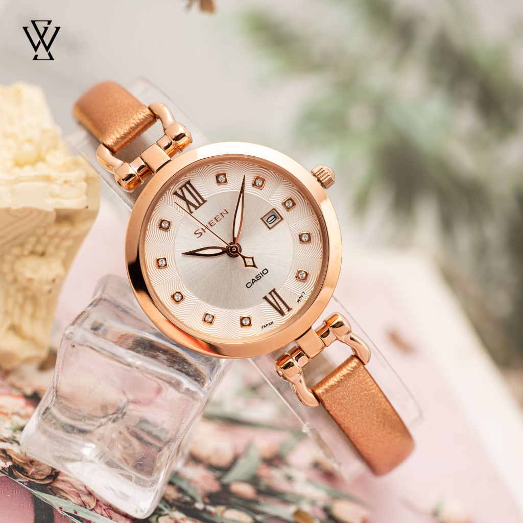 Đồng Hồ Quartz Nữ Casio Sheen WATCHSTORE SHE-4055PGL-7BUDF Thiết Kế Mặt Kính Khoáng 30mm, Dây Da, Vỏ Thép Không Gỉ