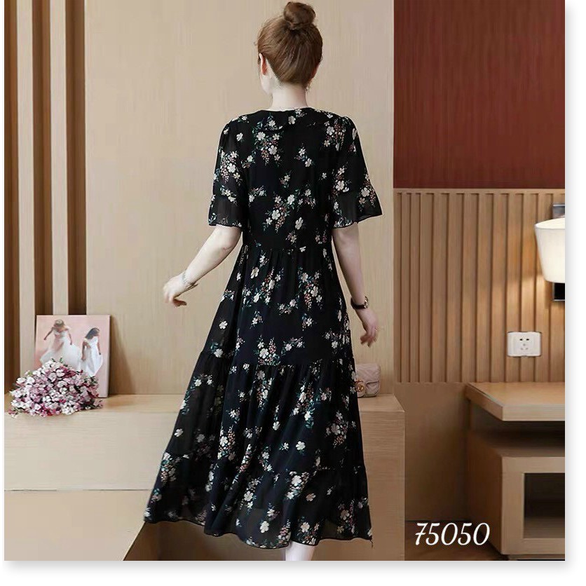 Đầm Suông Nữ Hoa Tầng Cổ Tim Tay Lỡ Tiểu Thư Che Khuyết Điểm Cực Xinh