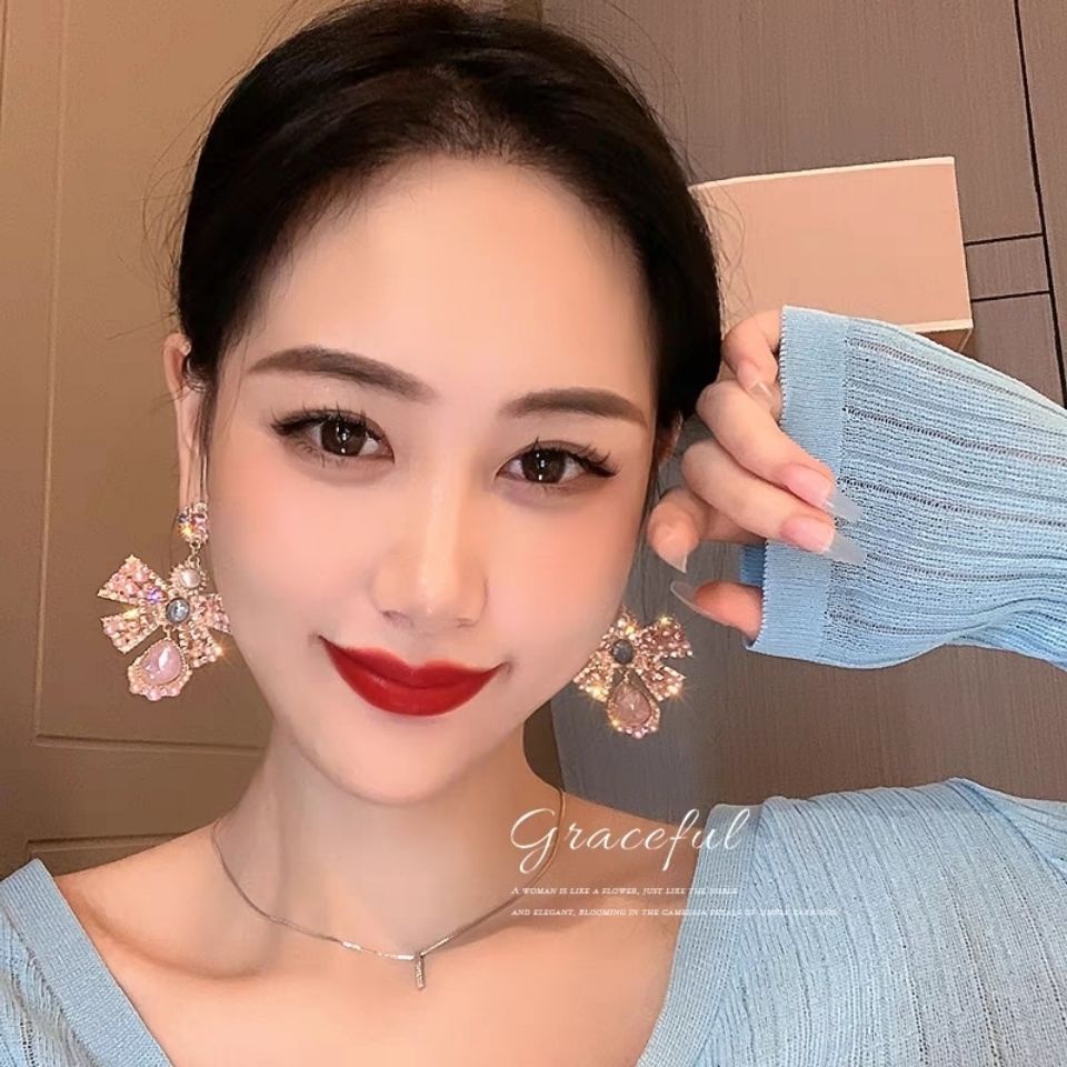 Khuyên Tai Nơ Kim Loại Đính Đá Pha Lê &amp; Ngọc Trai Giả Thời Trang Châu Âu Và Mỹ