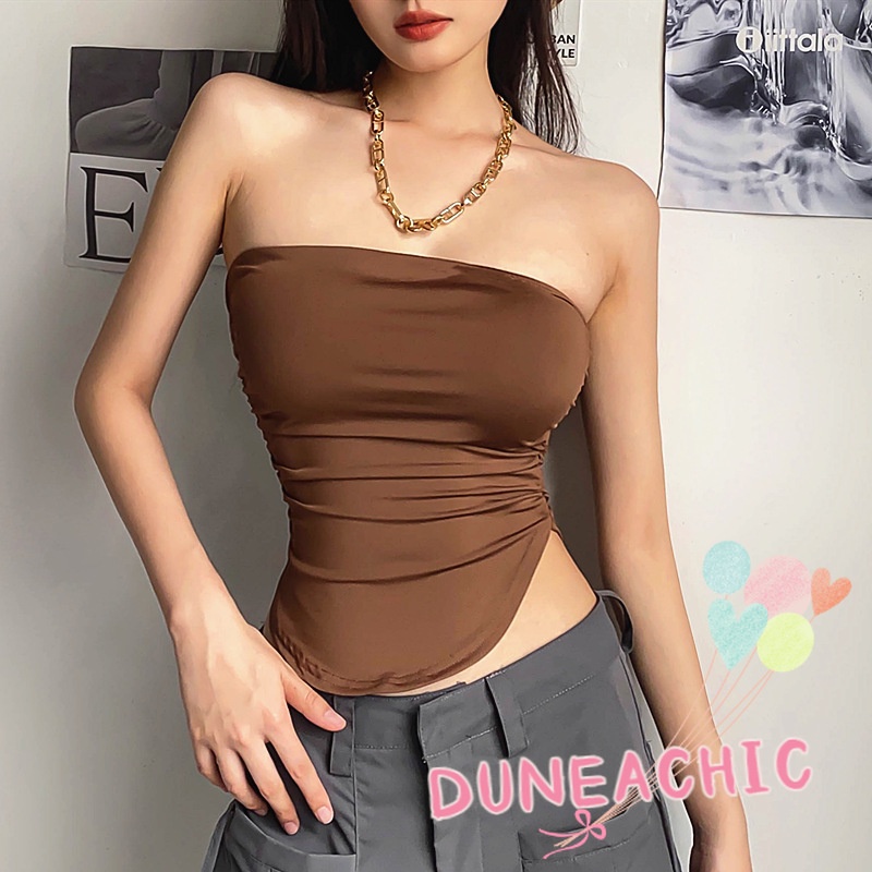 DUNEA Áo Ống Xếp Ly Lệch Vai Quyến Rũ Cho Nữ