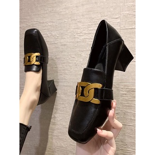 Giày Loafer công sở mũi vuông da mềm cao gót 5cm phối xích phong cách Hàn quốc