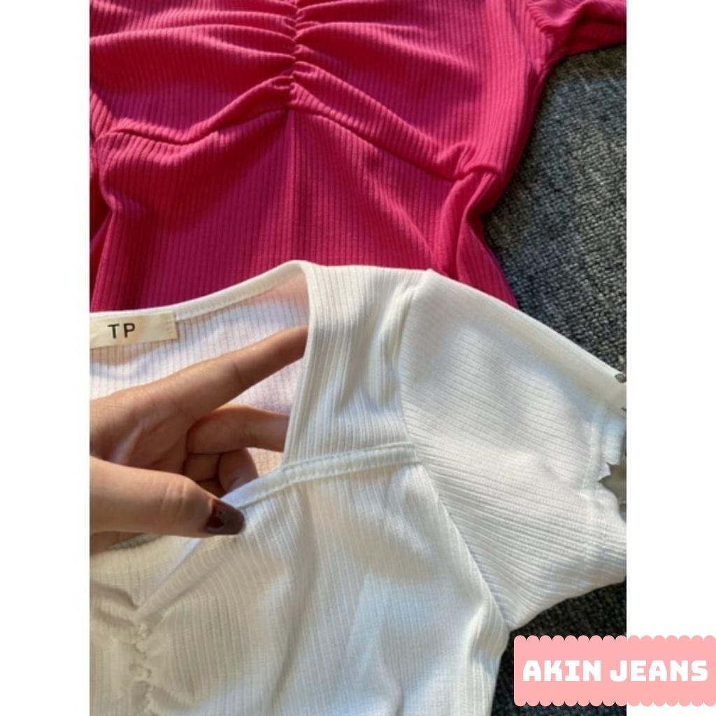 Áo Thun Nữ Dúm Ngực Ôm Body Siêu Tôn Dáng Tiểu Thư Chất Cotton Cổ Vuông Tay Ngắn Akin Jeans, APDN