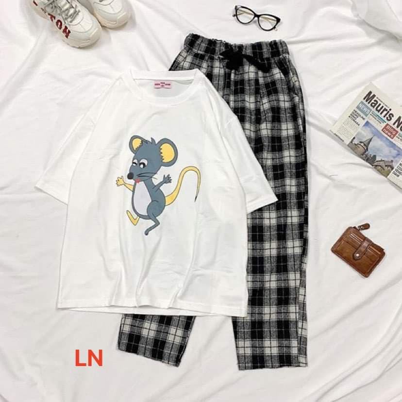 Set đồ áo thun chuột quần caro siêu đẹp