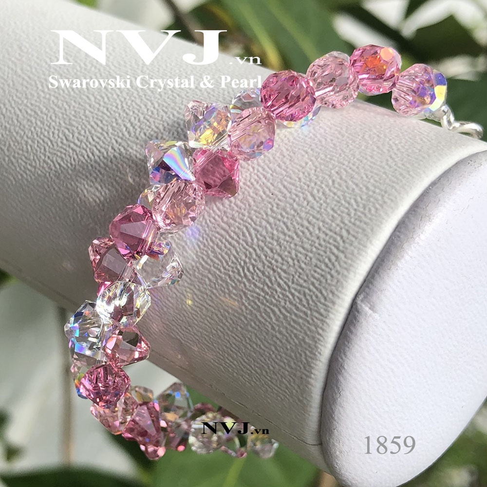 Vòng tay pha lê Swarovski 3 màu hồng rose 209, light rose 223 & crystal 001AB hạt nón xỏ đầu pendant 6328, khóa bạc tròn