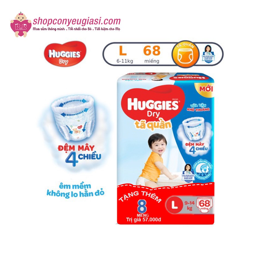 [Mẫu mới, tặng thêm 8 miếng] Tã quần Huggies Dry Super Jumbo M74/L68/XL62/XXL56