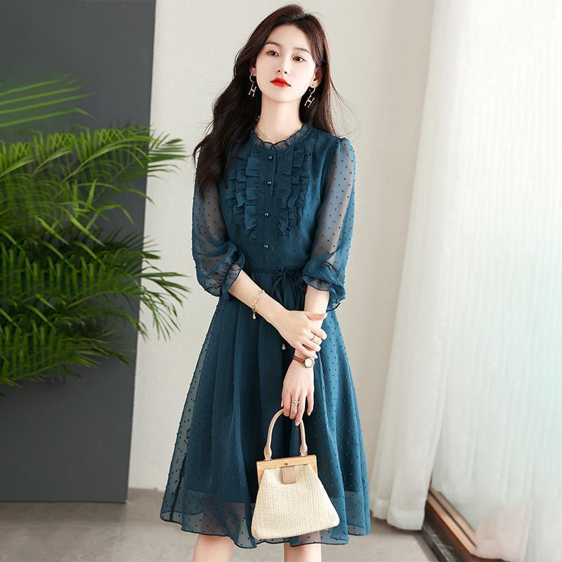 Đầm Voan Hoa Ngắn Tay Dáng Dài Chiết Eo Thời Trang Thanh Lịch Cho Nữ