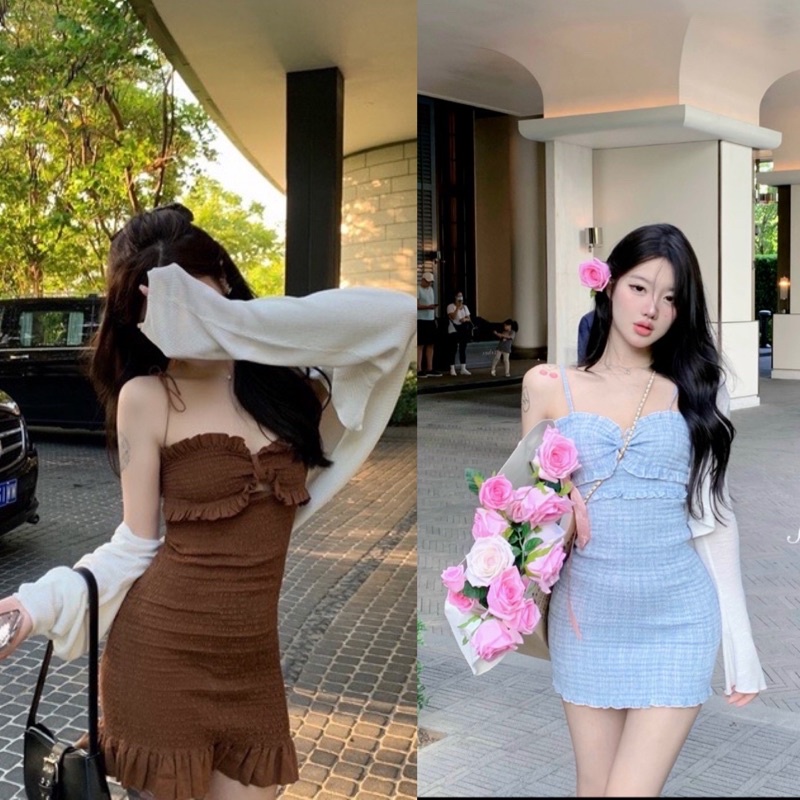 SET ĐẦM 2S hai dây BODY NÂU XANH NHÚN CHỈ với ÁO KHOÁC ngoài CROPTOP