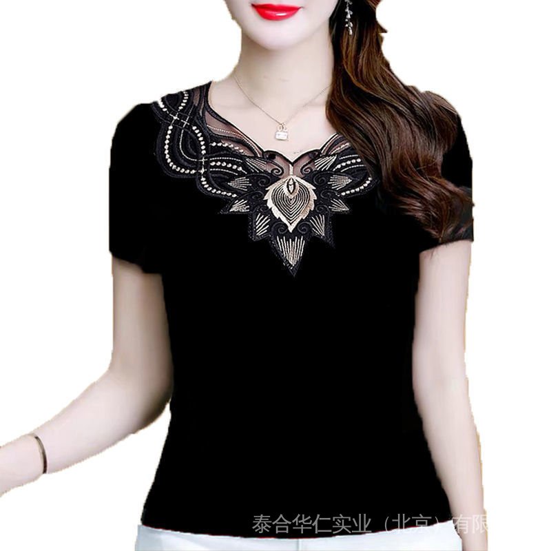 Chứa Cotton Mùa Hè 2022 Kim Cương Ren Nửa Tay Đáy Áo Sơ Mi Co Giãn Plus Kích Thước Mỡ mm Trung Niên Nửa Tay Áo Thun Nữ