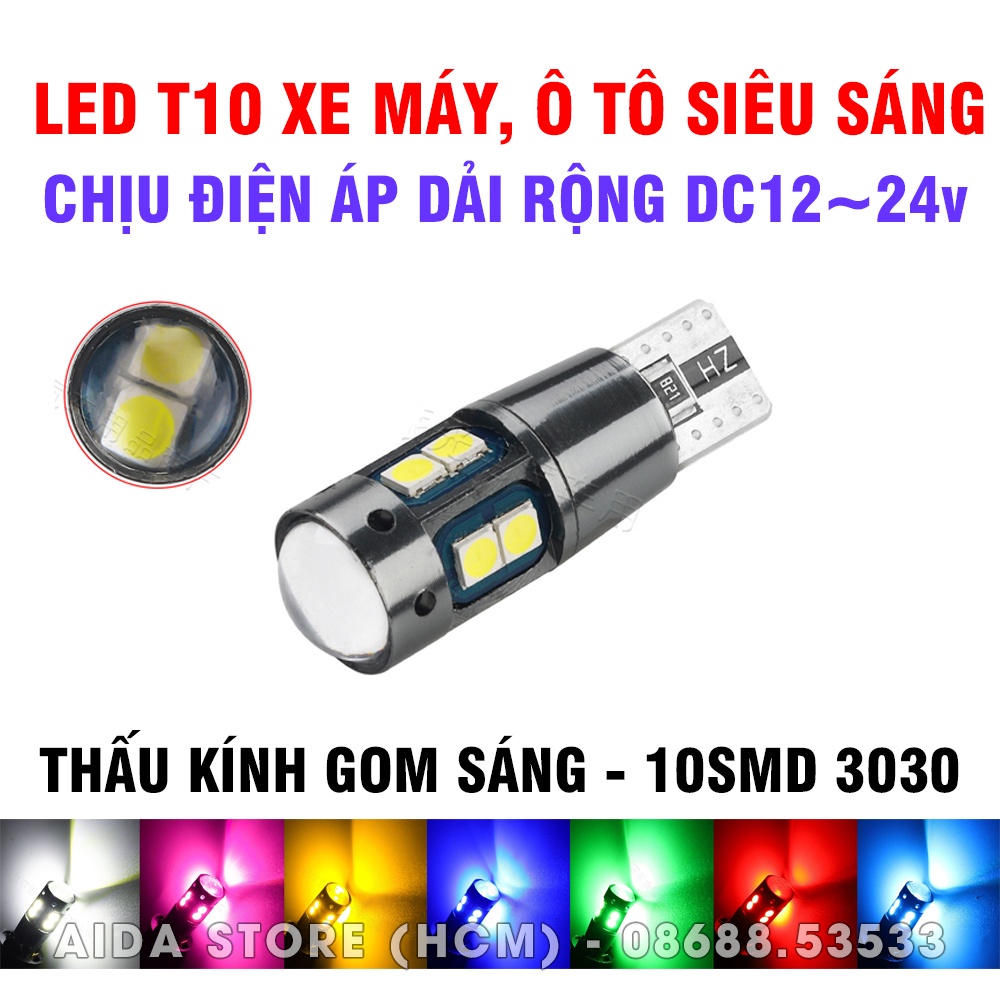 Bóng đèn LED T10 10smd CREE 3030 điện áp rộng 12-24v demi, xi nhan xe máy, ô tô