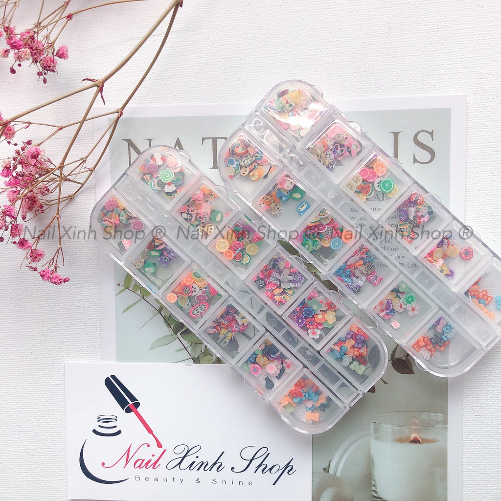 Khay trang trí móng nail, phụ kiện nail mix ( hộp 12 ô, mix xà cừ,đá, icon 3D, hoa)