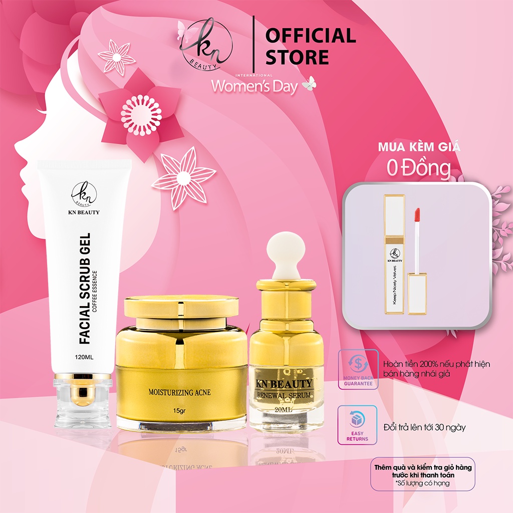 Combo 3 bước Ngừa mụn Trắng Da KN Beauty: Gel tẩy tế bào chết + serum + kem dưỡng ( tặng son + gel rửa tay)