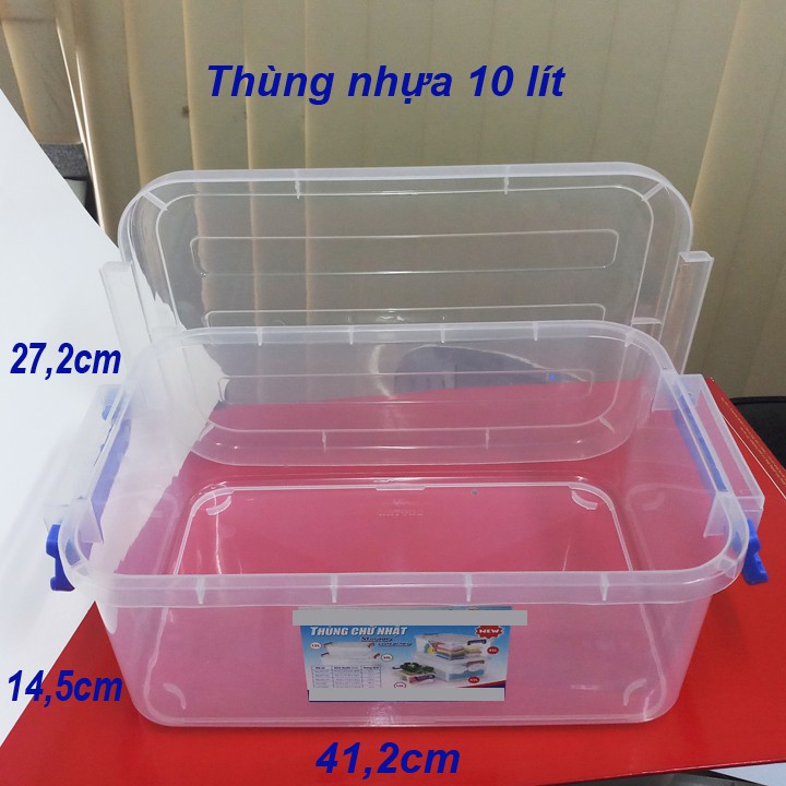 Thùng nhựa, hộp nhựa đựng đồ trong suốt 10 lít, nắp có khóa cài là 2 quai xách 2 bên. Vietnam. DTH115