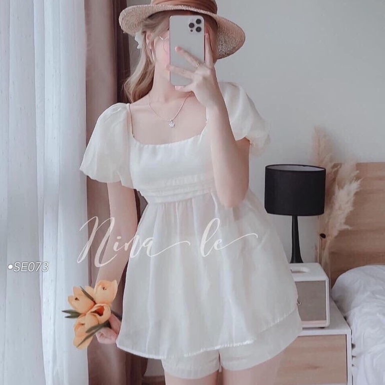 Set đũi tay bồng buộc nơ sau lưng, dập li trước ngực