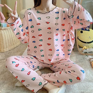 [100% COTTON] Bộ đồ ngủ dài tay, đồ bộ Quảng Châu, đồ bộ cotton co dãn hình trái tim ngọt ngào chất mềm mát cho nữ