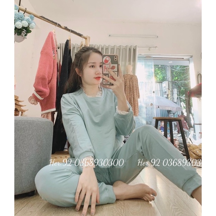 Bộ Cotton Da Cá Phối Ren Mặc Thu Đông Cho Bầu Và Sau Sinh