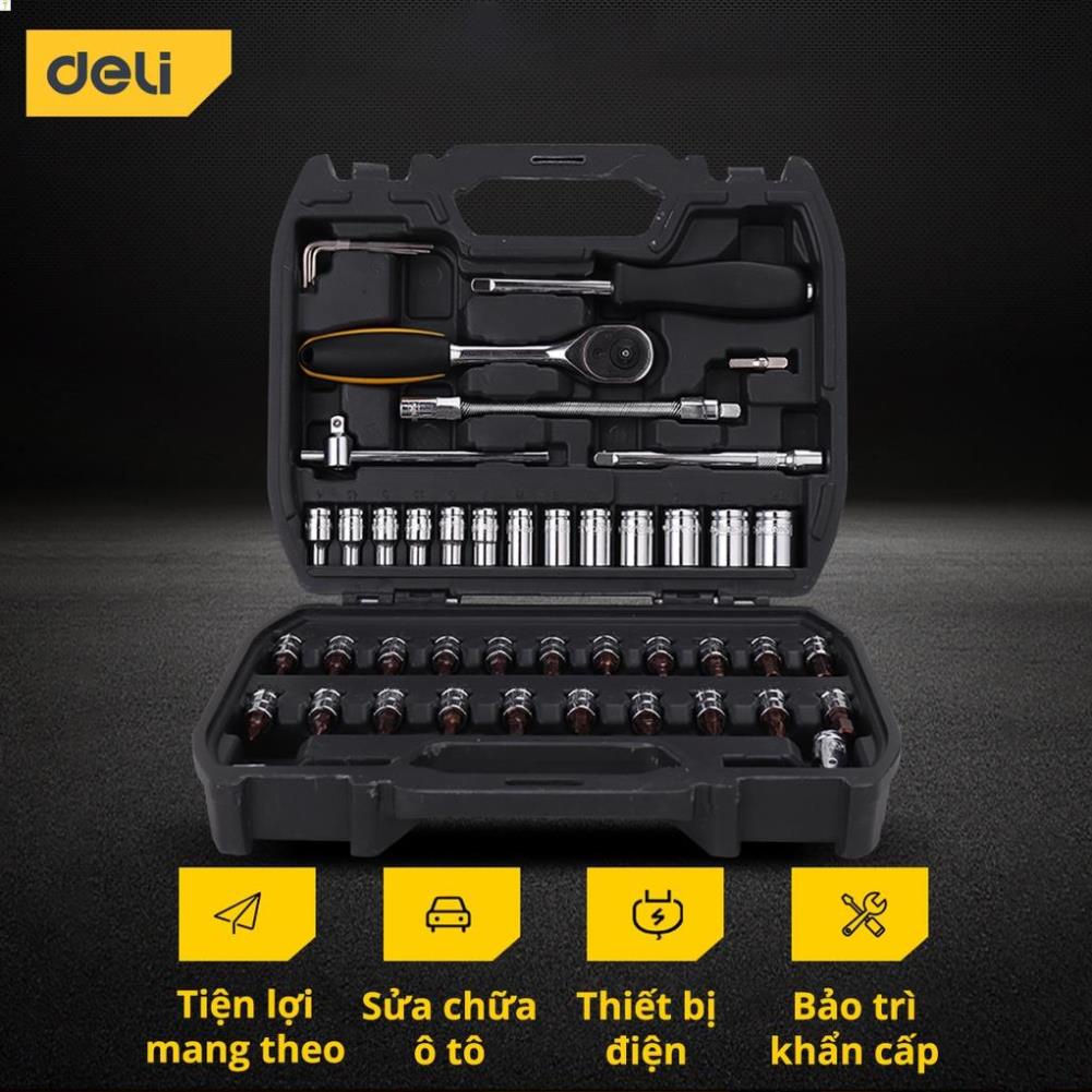 Bộ Dụng Cụ Vặn Bu Lông 6.3mm Deli Cao Cấp 46 Chi Tiết Sửa Chữa Xe Máy, Ô Tô - Hộp Đựng Cầm Tay Tiện Lợi - DL1046 .