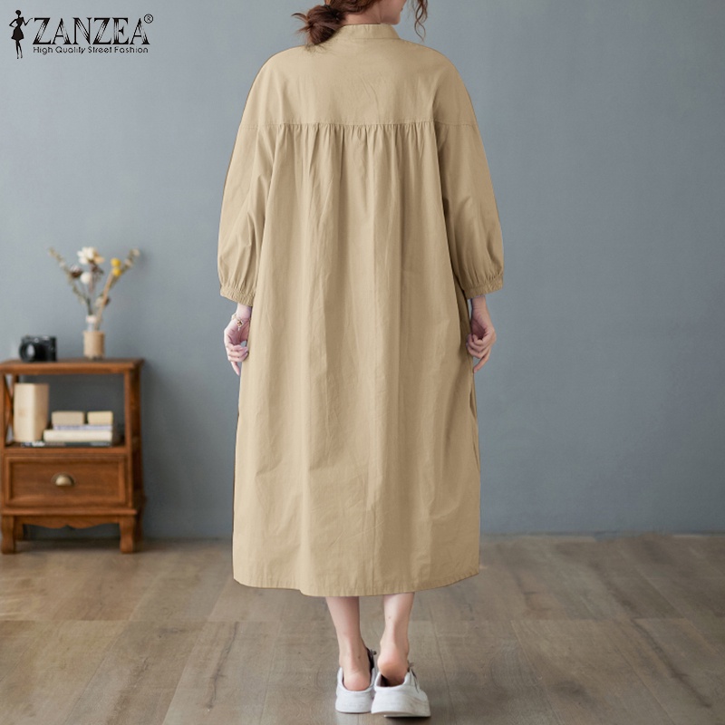 Đầm ZANZEA dài tay dài cổ đứng màu trơn phong cách Hàn Quốc thời trang cho nữ
