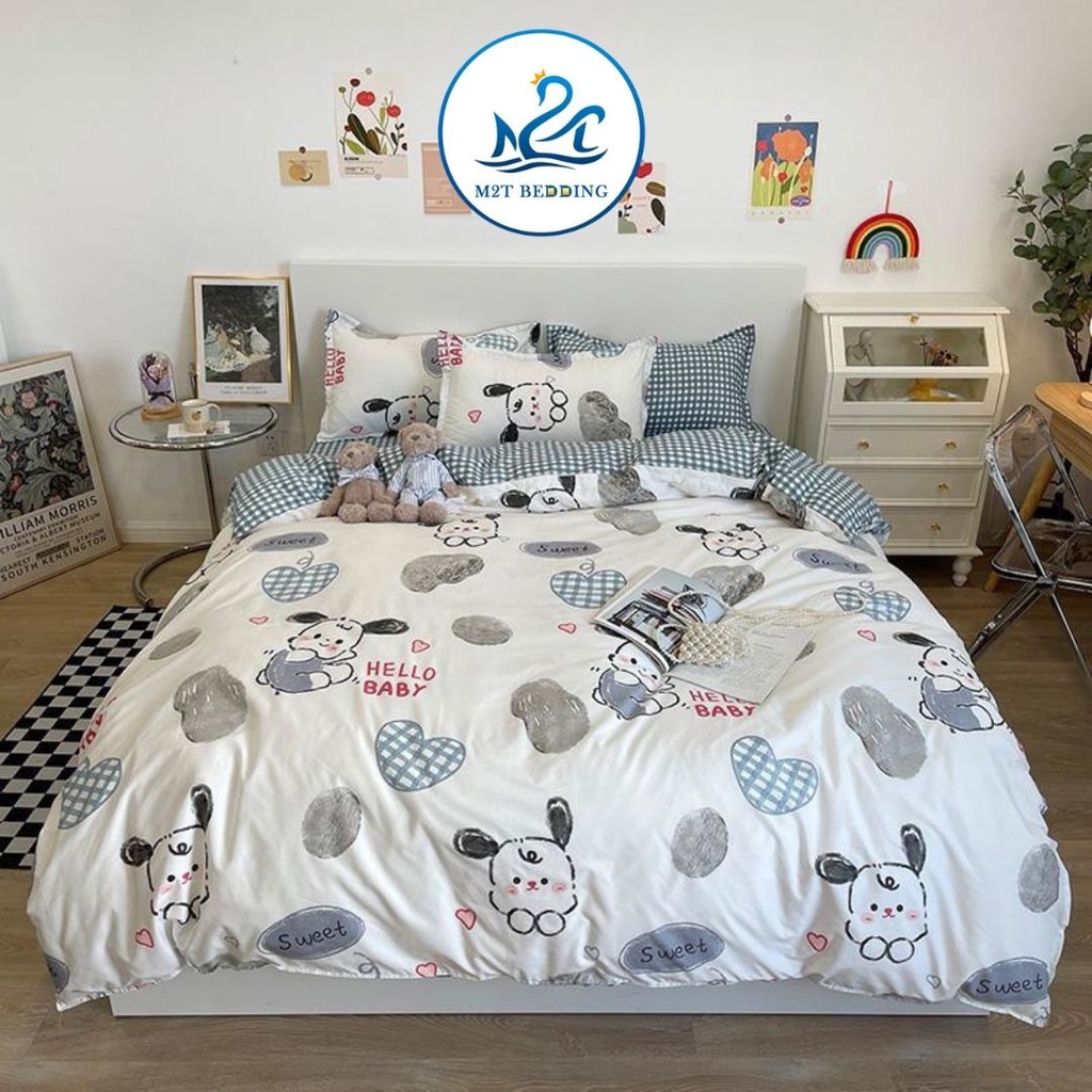 Bộ chăn ga gối Cotton poly M2T bedding, vỏ chăn mền, drap ga giường và 2 vỏ gối - PL cún con