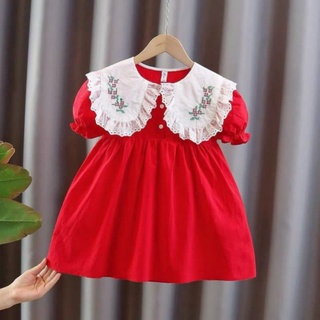 Váy babydol đỏ cổ trắng in hoa cho bé