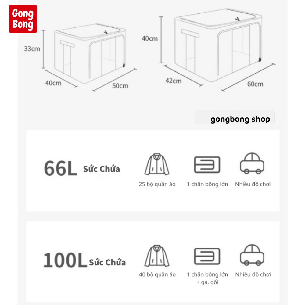 Túi hộp đựng đồ quần áo có khung thép cứng cáp chất liệu vải lanh cao cấp cỡ lớn 66-100l cất đồ gọn tủ