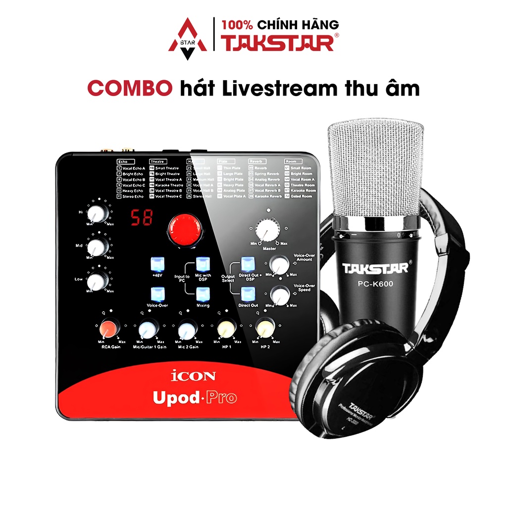 Bộ Combo Hát Livestream Thu Âm Đầy Đủ Sound Card Icon Upod Pro, Mic Takstar PC-K600, Tai nghe Takstar HD 2000 & Phụ Kiện