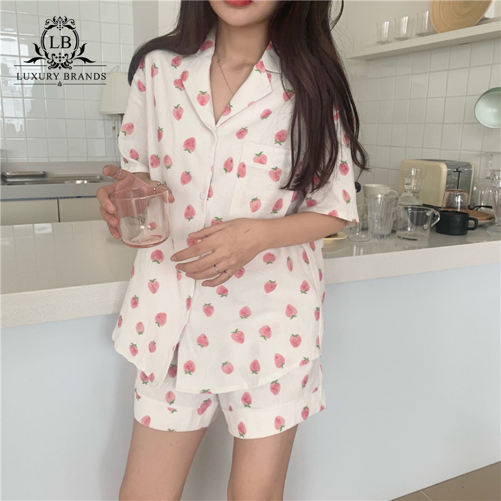 [SẴN] Bộ set ngủ pijama ngắn tay chất đẹp hình dâu tây