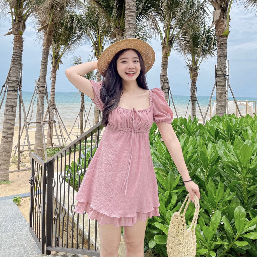 Đầm LUNA - Đầm babydoll cổ vuông nhún ngực thắt bím cách điệu