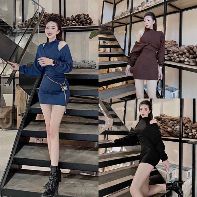 Set Đồ Hot Girl Ms.5055 Áo Khoác Nhẹ Dáng Crotop Cổ Trễ Kèm Váy Body Sát Nách, Chất Len Tăm Dày Dặn