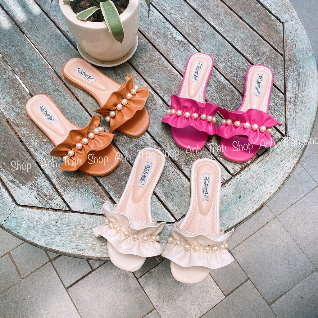 Dép nữ quai ngang bèo nhún đính ngọc Quảng Châu cao cấp DE2388