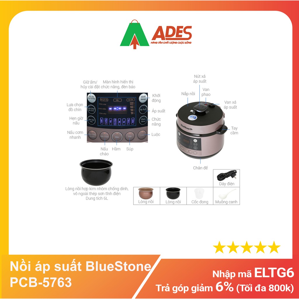 Nồi áp suất BlueStone PCB-5763 - Chính hãng - Bảo hành 2 năm - NEW 2021