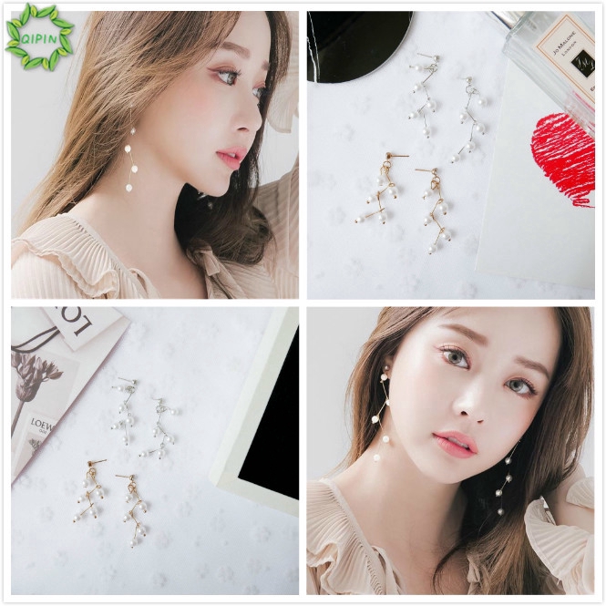 Khuyên tai kiểu dây dài đính hạt trắng xinh xắn dành cho phụ nữ khi đi dự tiệc