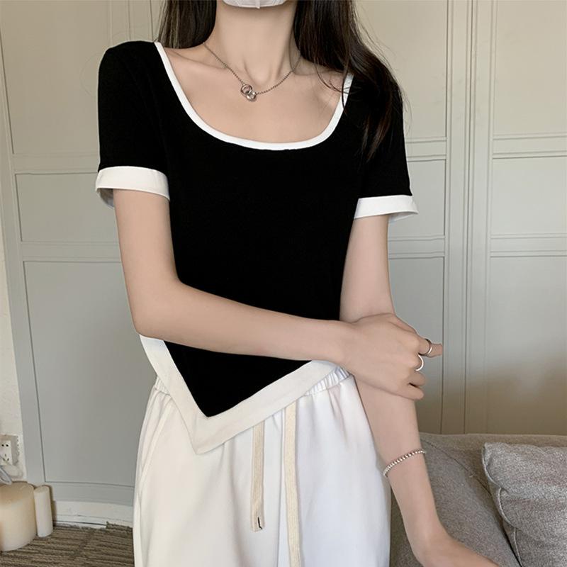 Áo Thun Tay Ngắn Trễ Vai Màu Sắc Tương Phản Thời Trang Mùa Hè Dành Cho Nữ