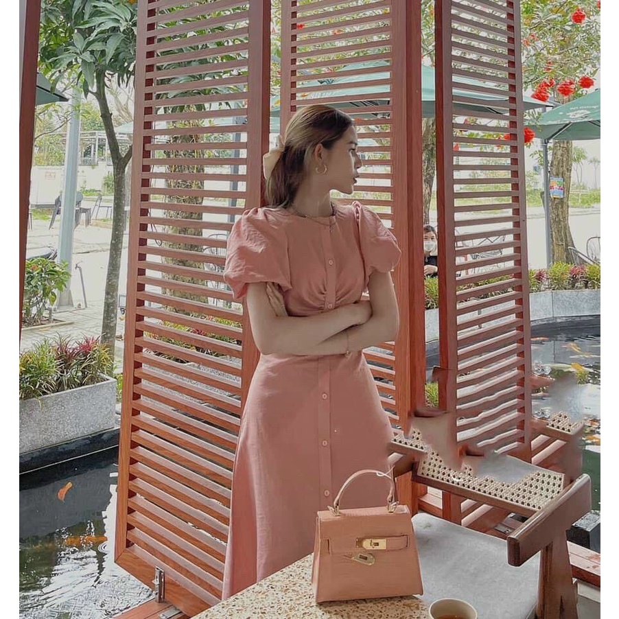 Đầm kate cổ tròn tay phồng, đầm nữ kate có cúc kiểu dáng độc đáo