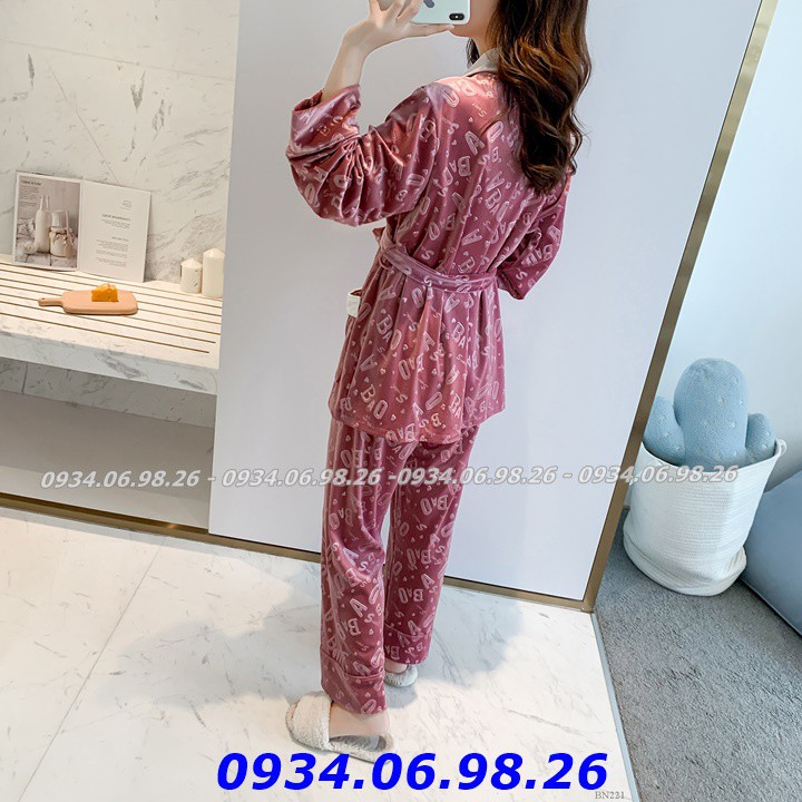 Đồ bộ mặc nhà cao cấp - Bộ ngủ quần dài tay dài mùa đông kiểu dáng pijama cột dây chất nhung siêu sang đẹp