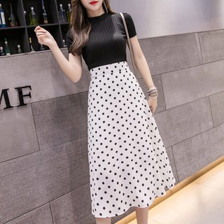 Chân váy xòe lưng cao họa tiết chấm bi xinh xắn cho nữ