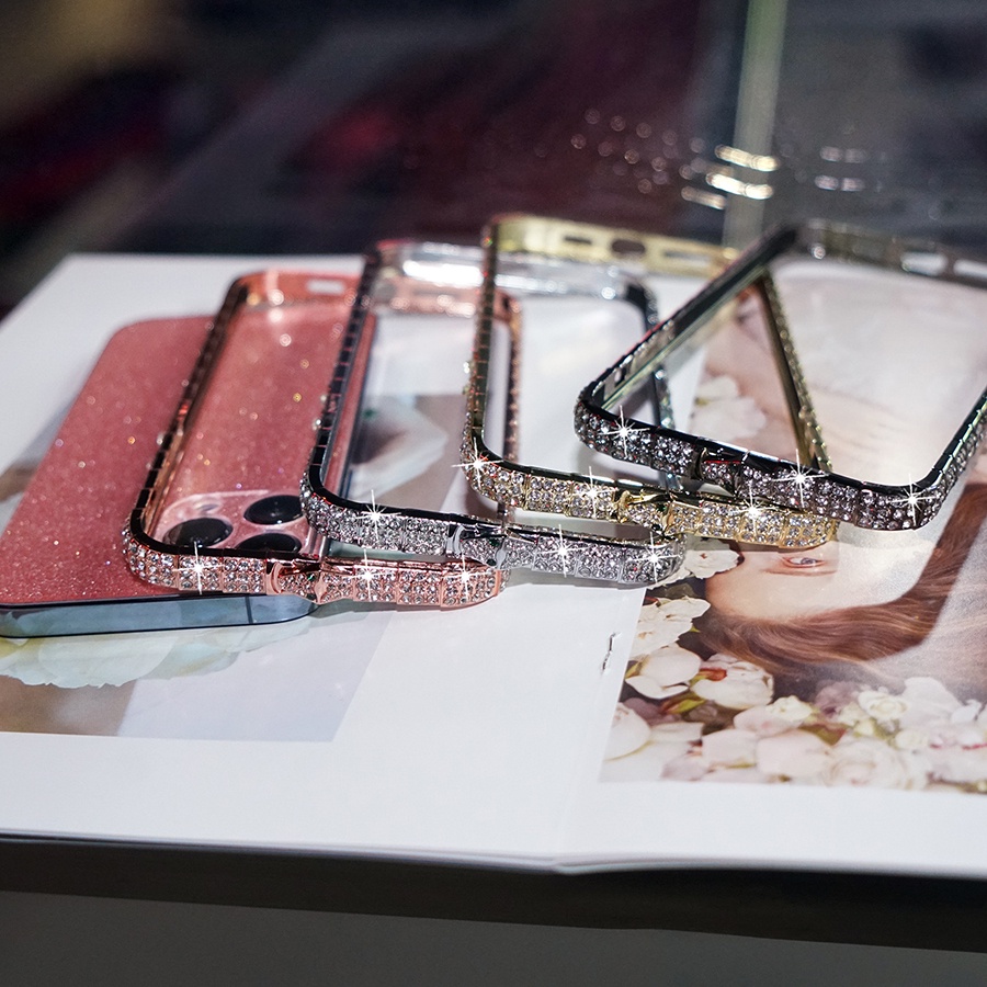 Ốp điện thoại viền kim loại đính đá dành cho IPhone 12 11 Pro MAX Mini XS MAX XR X 6