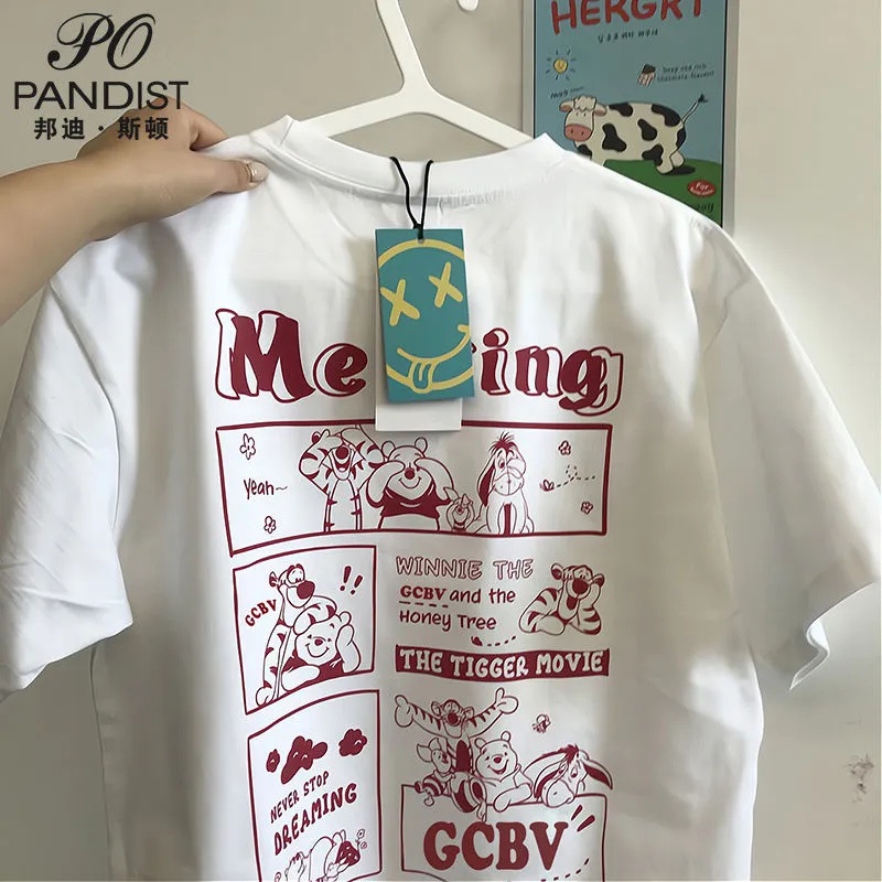Áo Thun Ngắn Tay Dáng Rộng In Hình Gấu Pooh Kiểu Retro Nhật Bản Thời Trang Mùa Hè Cho Nam Và Nữ
